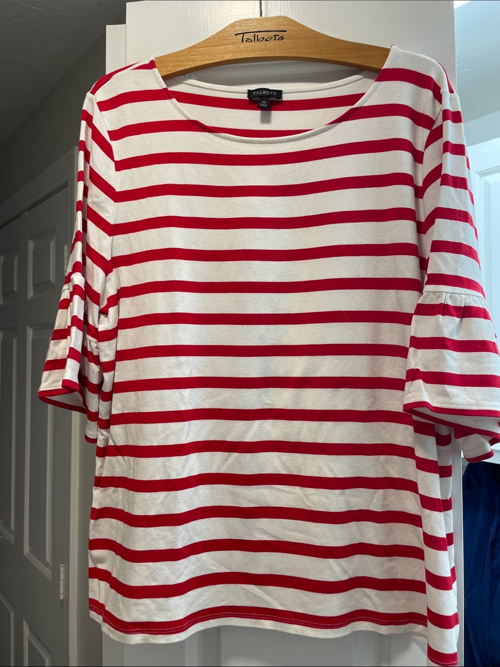Talbots Red & White Striped Ruffle Sleeve Top